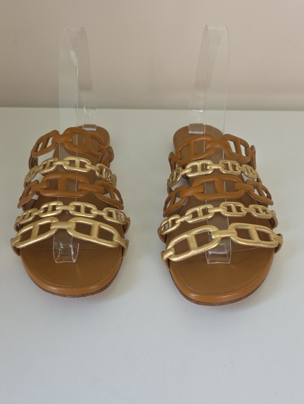 Hermes Brown Slide Sandals with Gold Chain Straps.  Size 38.  US Size 7 1/2.